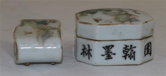 A Chinese enamelled porcelain brush rest and a similar box and cover, c.1885-1910, width 8.5 and 6cm, gilt worn